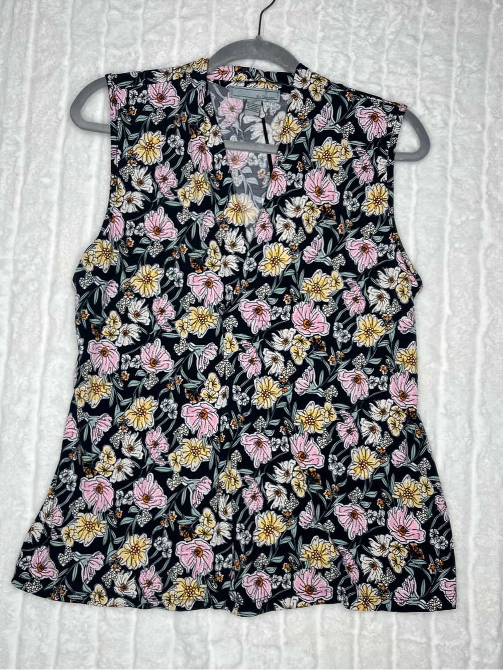NWT By Design Floral Sleeveless Blouse V-Neck Top Black Pink Large